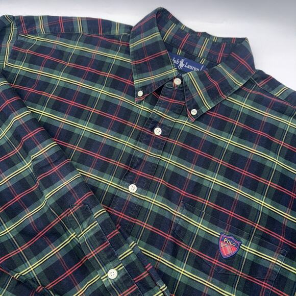 Vintage‎ 90s Polo Ralph Lauren The Big Shirt Men’s Large Green Tartan Plaid - Picture 1 of 5